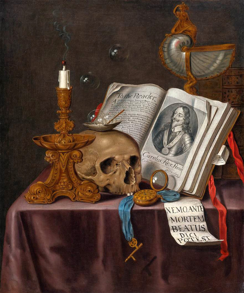 vanitas still life with book and skull[